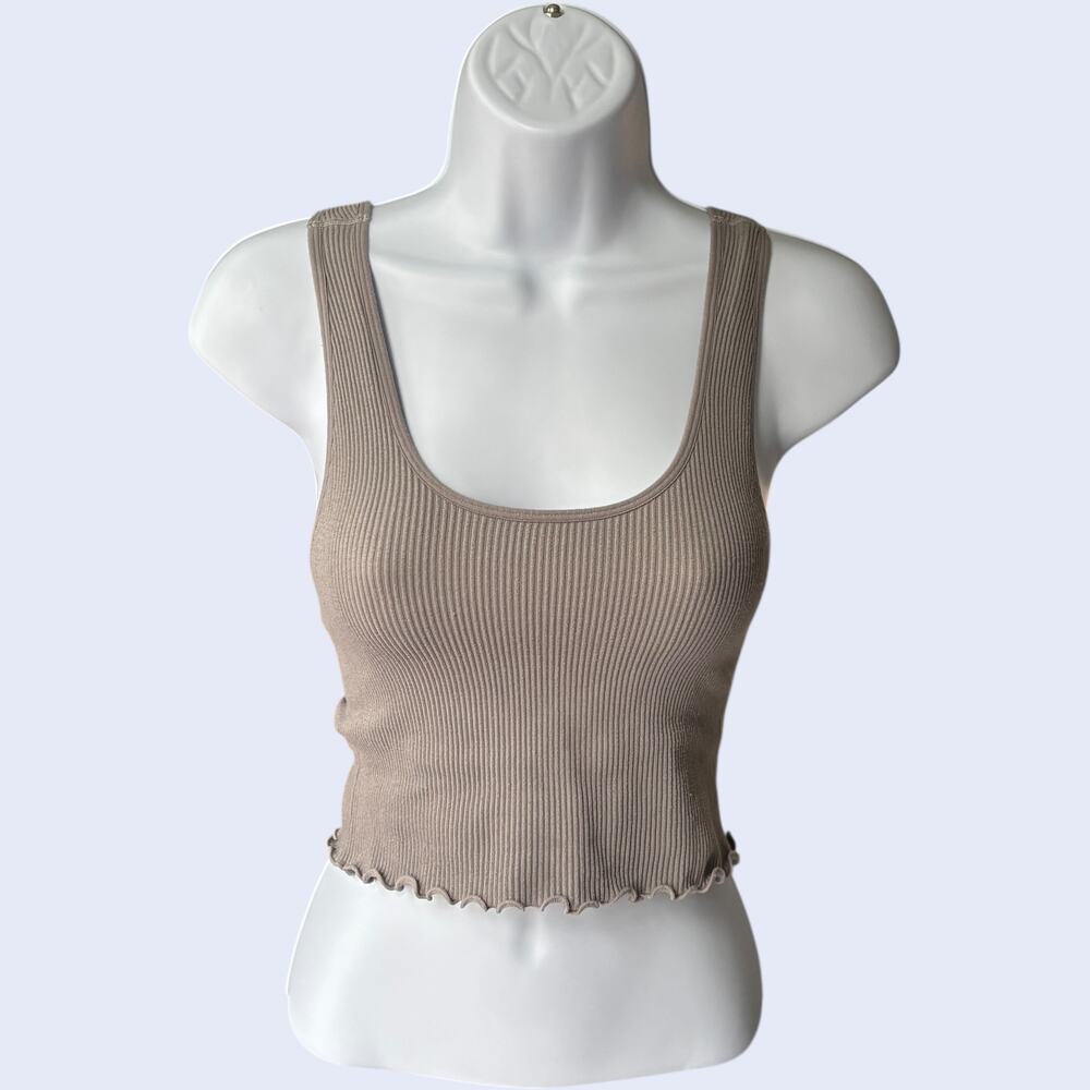 90 Degree by Reflex ribbed lettuce-hem cropped tank top taupe XS fitted